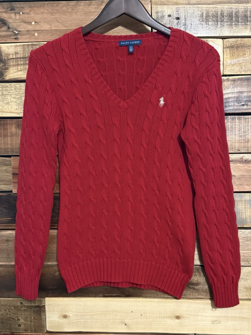 Ralph Lauren Red 100% Cotton Cable Knit V-Neck Sweater M White Pony EUC